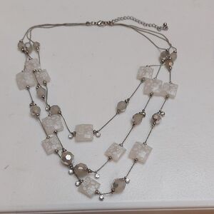 Triple Strand Statement Necklace With Floral Print Square Shaped Acrylic Beads